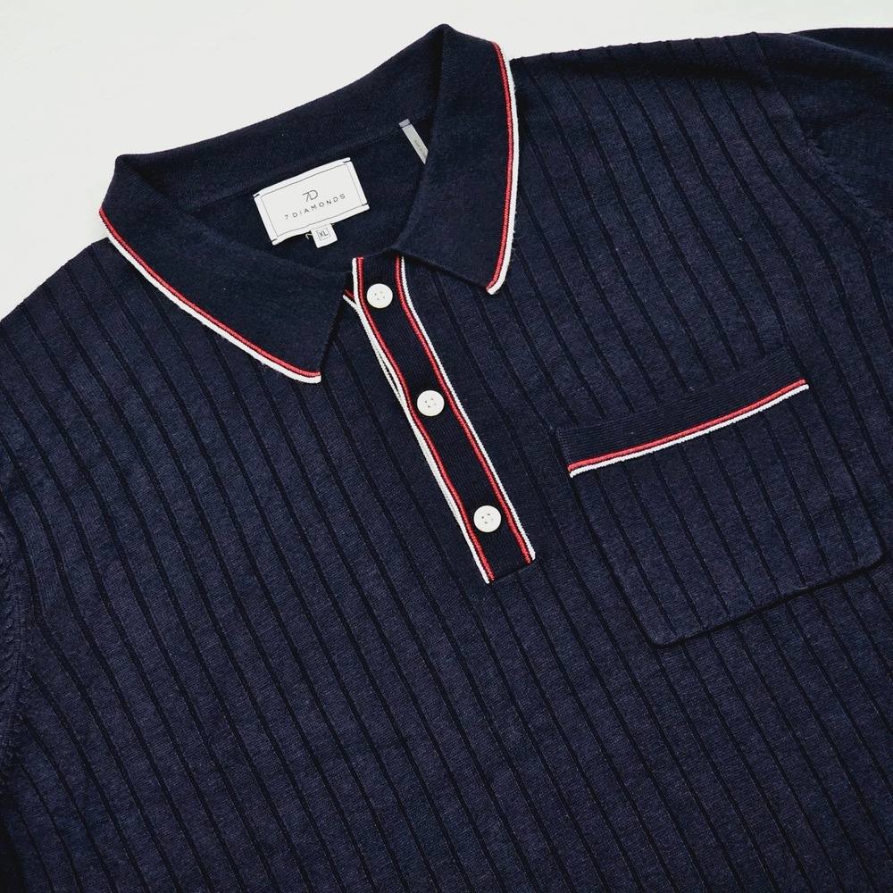 7 Diamonds Enzo Striped Knit Sweater Polo Mens XL Blue Ribbed Knit Tipped Trim